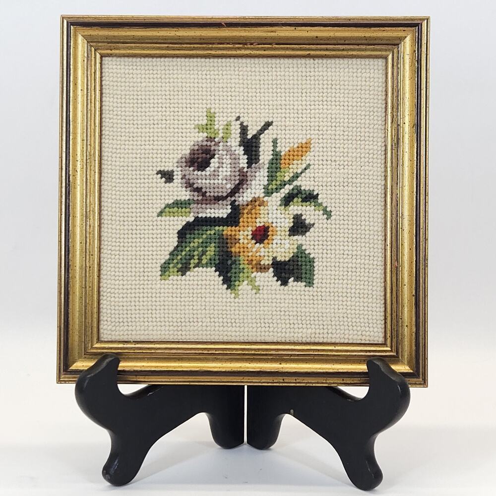 VTG Framed Floral Needlepoint Rose Bouquet Wall Art Cottage Shabby PAIR 8.75" - Picture 6 of 8